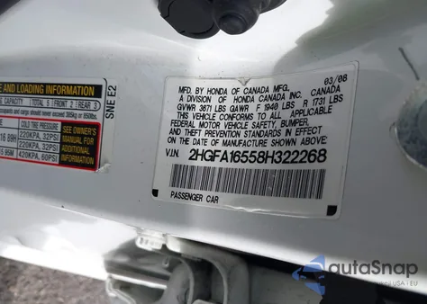 2008 Honda Civic Lx z USA, uszkodzony, nr VIN 2HGFA16558H322268